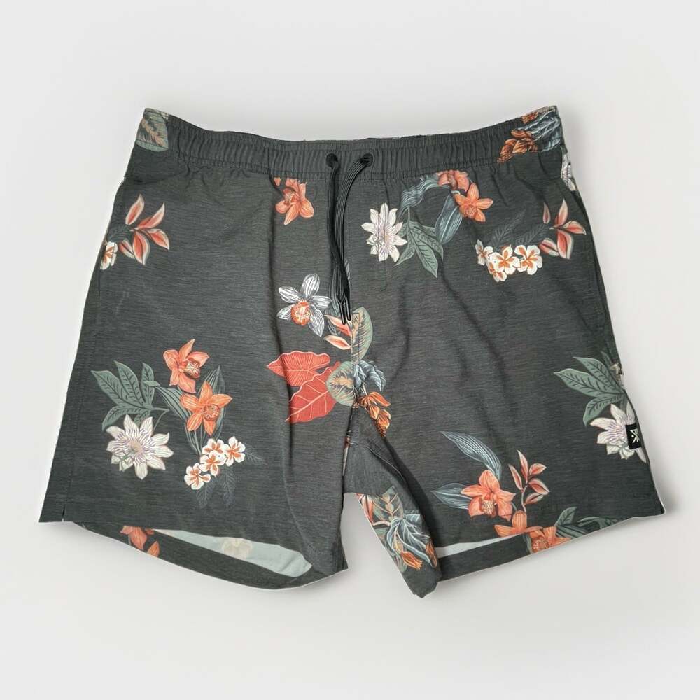 Roark Shorey Mens L 16" Short Onyx Floral Hawaiian Resort Tropical Vacation EUC